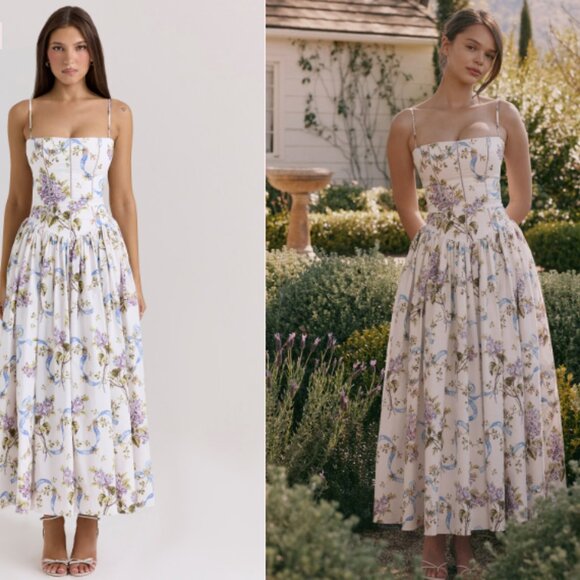 House of CB 'Ysabella' off white vintage ribbon print cotton midi sundress NWOT
